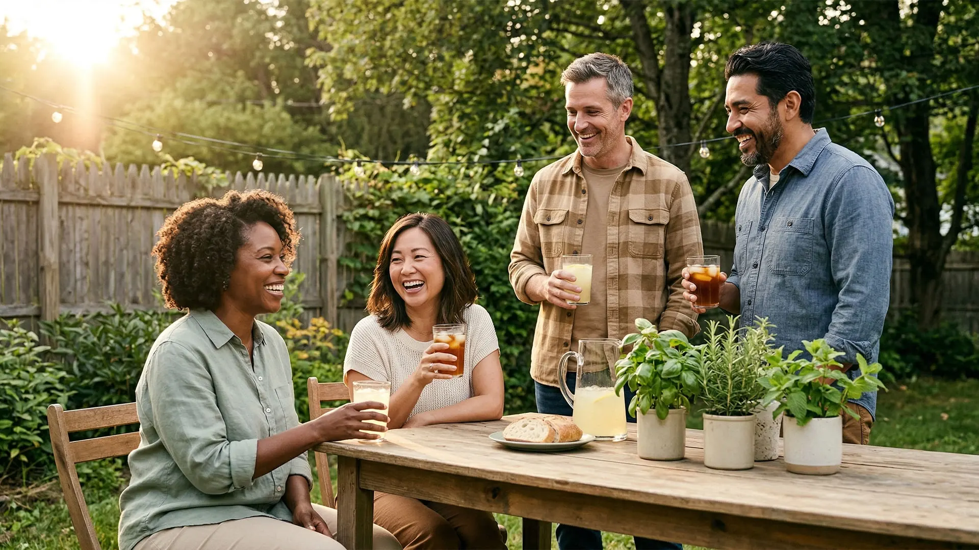 Friends enjoying time together in a backyard