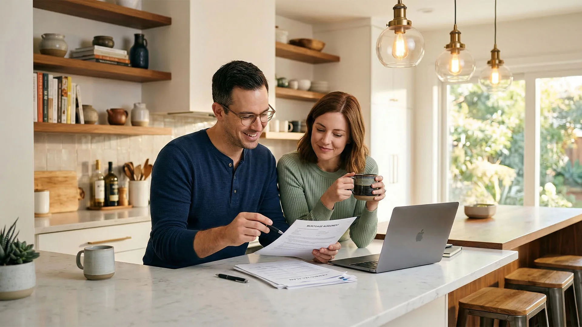 Couple sitting at kitchen table reviewing their life insurance and financial planning options