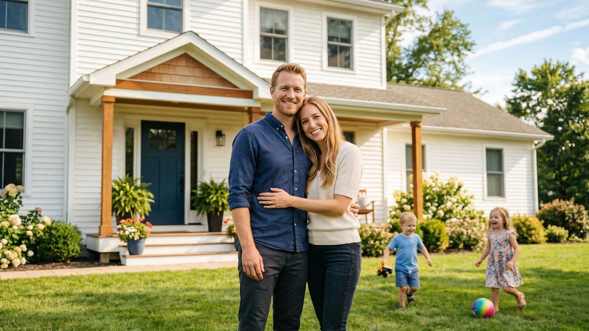 Family standing together in front of their home