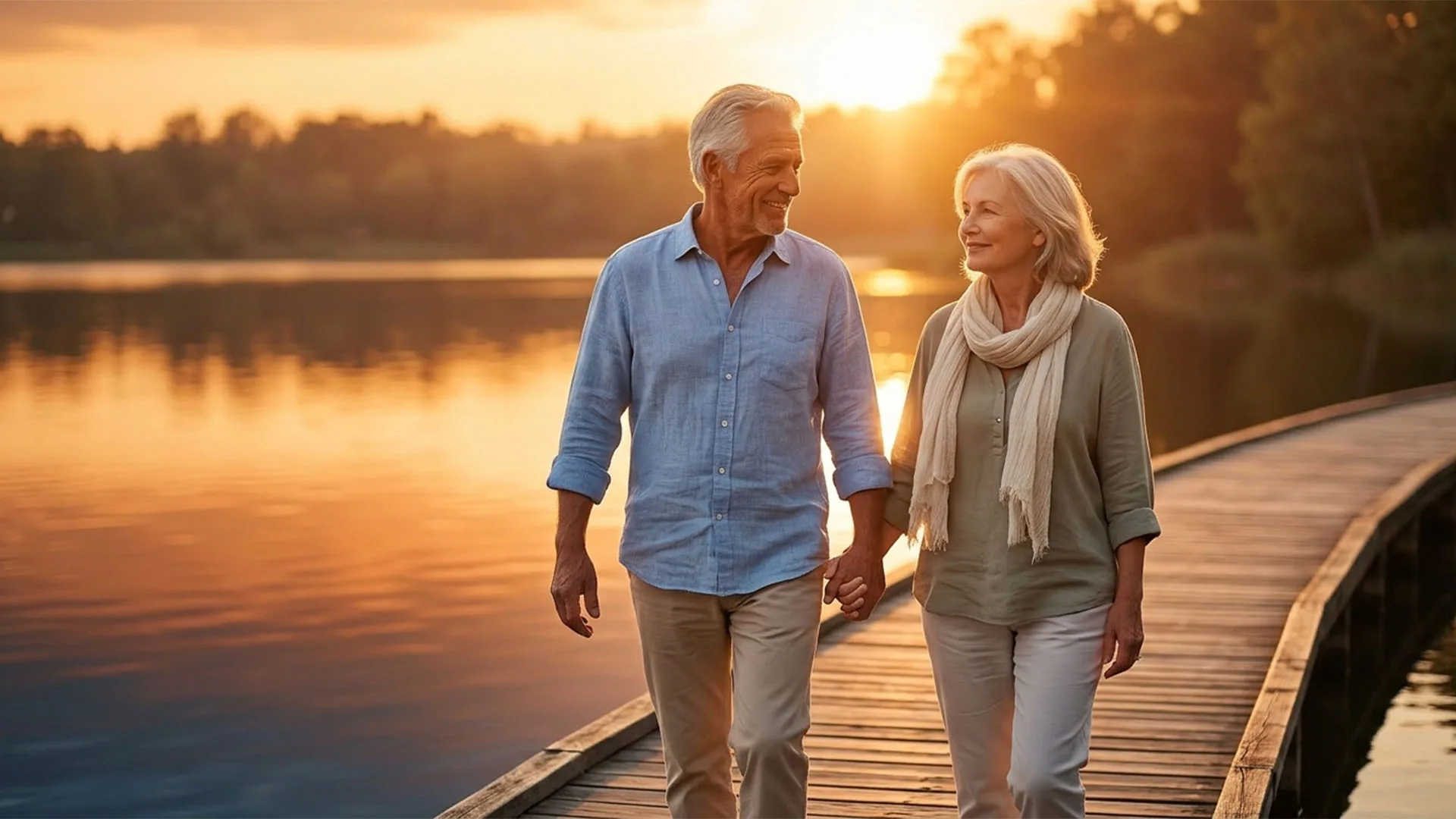 Older couple walking at sunset